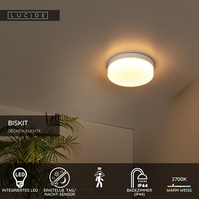 Lucide BISKIT - Deckenleuchte Badezimmer - Ø 23 cm - LED - 1x12W 2700K - IP44 - Bewegungssensor - Weiß